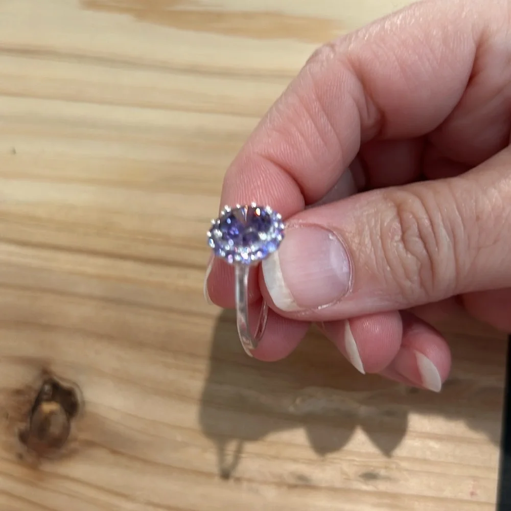 Amethyst Simulated Diamond Halo Ring 925 Sterling Silver Purple Gemstone